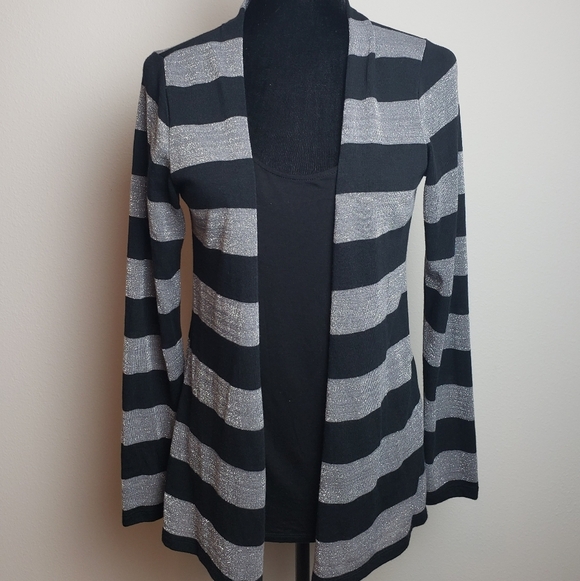 NWOT INC Black Stripe Sweater Cardigan 2 In 1 Women’s Size M - Picture 2 of 10